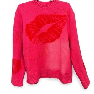 House of Sunny Pink and Red Crew Neck Sweater with Lip Design